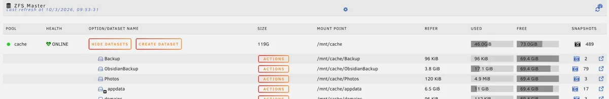 ZFS Master プラグインの画面。SSD のプールに489個のスナップショットがある