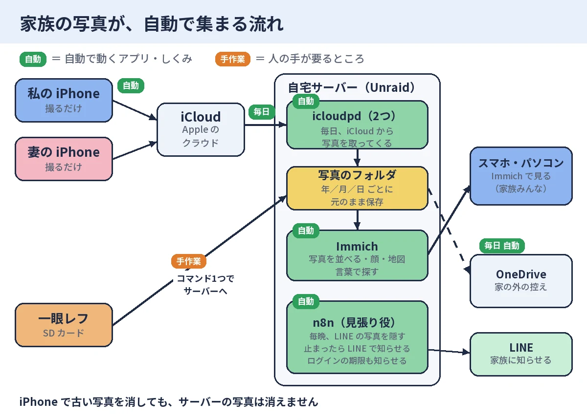 写真が自動で集まる流れ。私と妻の iPhone の写真は自動で iCloud に上がり、自宅サーバーの icloudpd が毎日取ってきて、元のまま保存する。Immich がそれを並べ、家族はスマホやパソコンで見る。一眼レフの写真はコマンド1つでサーバーへ。n8n が見張り、止まったら LINE で知らせる。控えは毎日 OneDrive へ